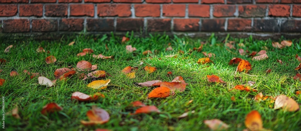 Poster weathered brick wall with green grass and fallen leaves creating a natural backdrop suitable for nat
