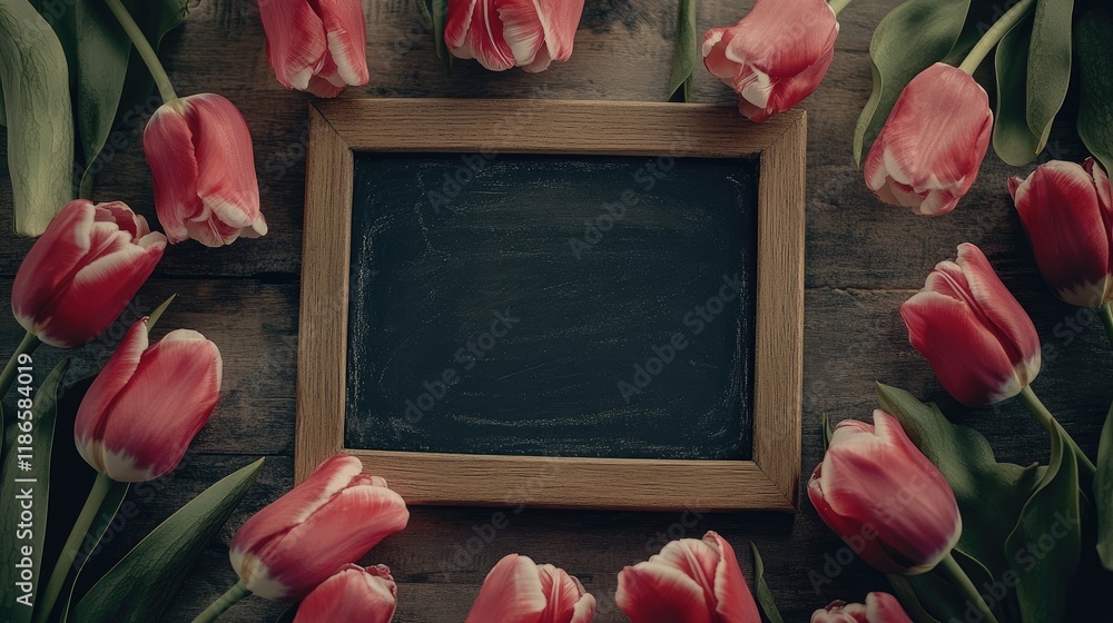 Poster vintage tulip frame surrounding a blank chalkboard on a rustic wooden table for creative signage and