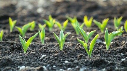Freshly sprouted tulips emerging from rich soil in a vibrant garden bed showcasing early spring growth and nature's beauty.