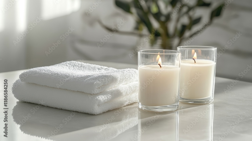 Poster Spa setting with white towels and lit candles on a serene surface emphasizing relaxation and wellness in a tranquil atmosphere