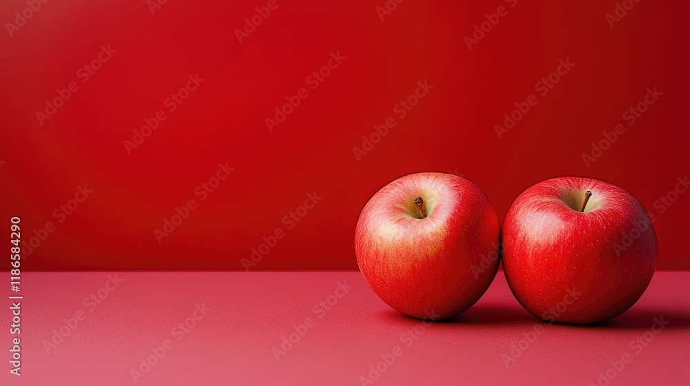 Poster red apples on a vibrant red table minimalist design ample negative space enhancing the simplicity an
