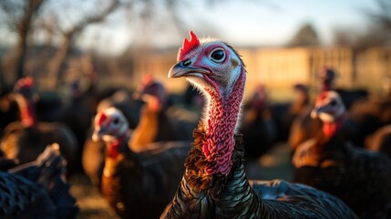 Turkeys foraging in a sunny outdoor ranch setting showcasing their natural behaviors and farm life atmosphere