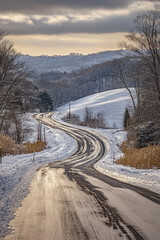 Snowy Winding Road with Hills in the Distance