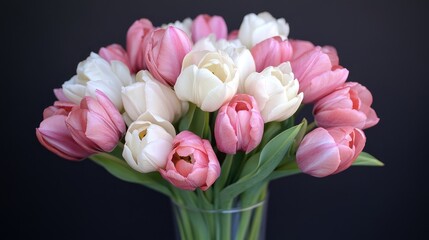 Fototapeta premium Bouquet of colorful tulips in shades of red pink white and lilac showcasing nature's beauty in a stunning floral arrangement