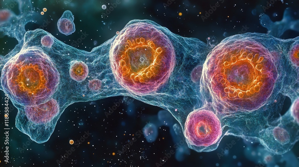 Poster microscopic visualization of euglenoids undergoing cellular processes in vibrant color and detail