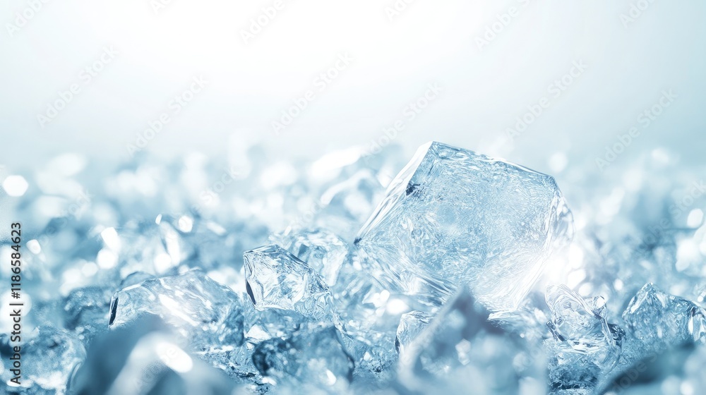 Poster ice cubes sparkling in bright light creating an abstract background with soft reflections and a cool