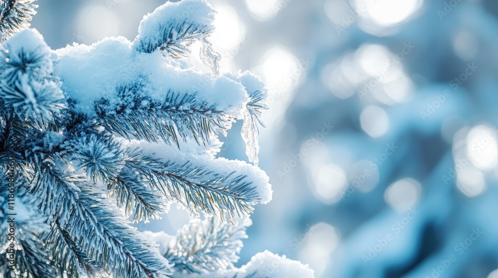 Poster winter landscape featuring snow-covered spruce branches with a soft bokeh background creating a sere