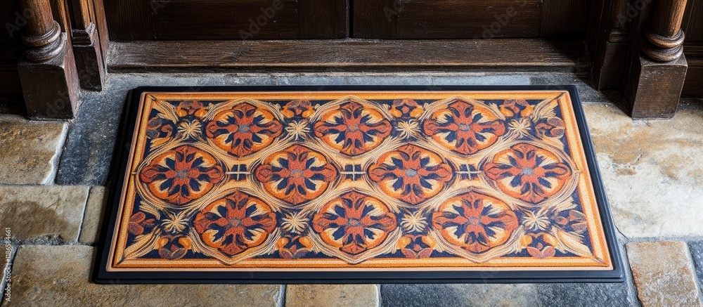 Poster vibrant doormat with intricate patterns placed on a stylish tiled floor elevating the decor of an in
