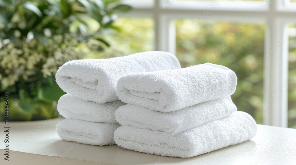 Poster Serene spa setting with white towels neatly stacked beside a window creating a relaxing ambiance in an eco-friendly hotel apartment