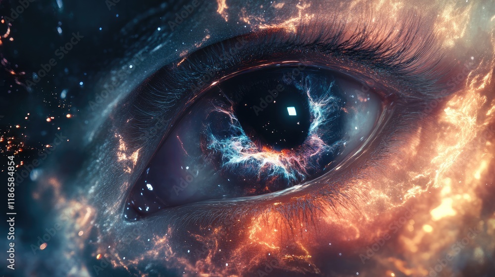 Poster cosmic eye with celestial patterns and vibrant colors reflecting the universe's mysteries and beauty