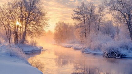 Serene winter landscape with frosted trees and a tranquil river during sunrise in a picturesque morning scene