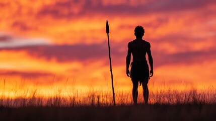 Silhouette of Warrior with Spear Against Vibrant Sunset Sky