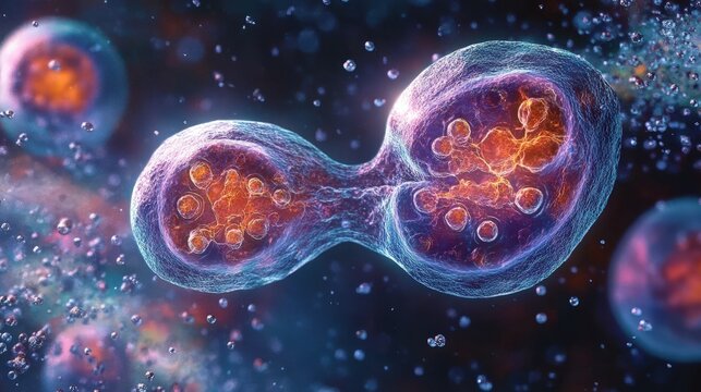 Evolving euglenoids undergo cellular division, showcasing vibrant colors and intricate structures in a microscopic view of biological organisms