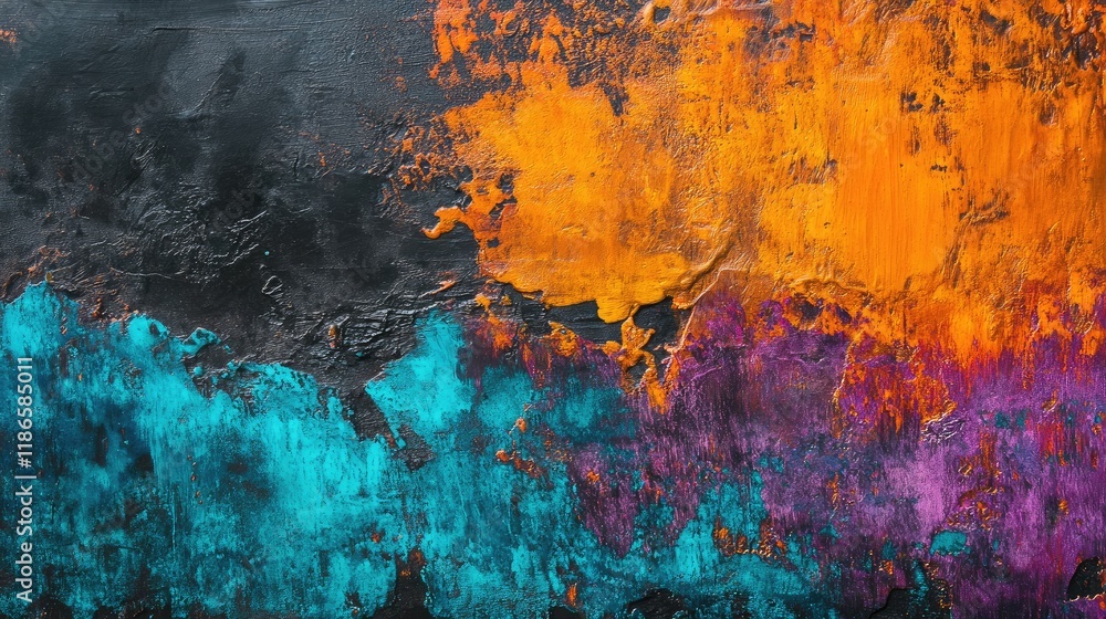 Poster abstract vivid colors on dark canvas with copper and turquoise accents creating a dramatic twilight 