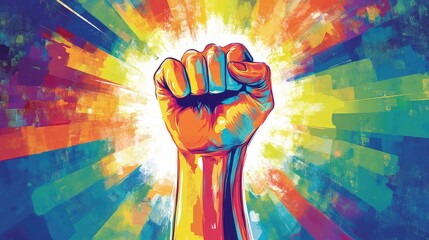 Dynamic Colorful Fist Symbolizing Strength and Empowerment with Bright Radiant Background