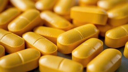 Vibrant yellow prednisolone capsules surrounded by various vitamins showcasing health and wellness in a pharmaceutical context