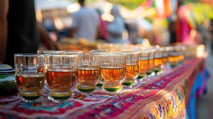 Turkish tea served in elegant glass cups on a vibrant tablecloth at a bustling market stall during a lively event