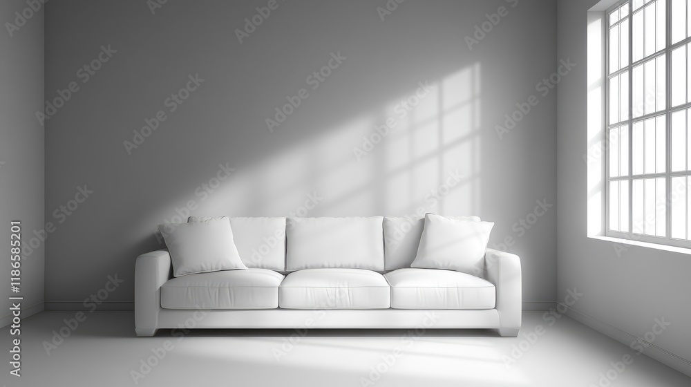 Poster minimalist white sofa in bright empty room illuminated by natural sunlight through large window