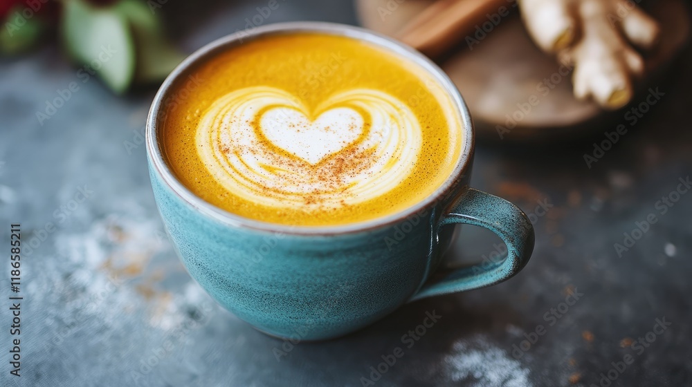 Poster turmeric latte in a teal cup topped with heart-shaped milk froth ginger and cinnamon sticks on a rus