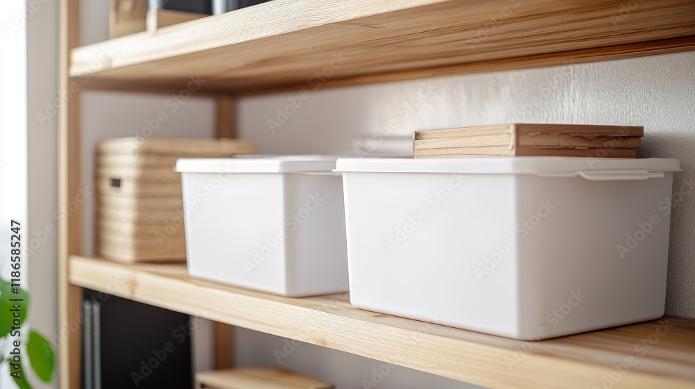 Poster modern organization with white storage bins arranged neatly on a wooden shelf for a clean and minima