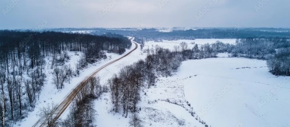 Poster aerial view of a winter landscape featuring a multilane road winding through a snow-covered forest w