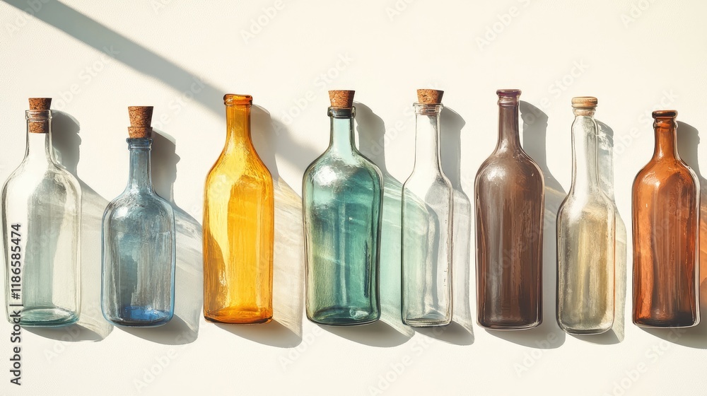 Poster Vintage collection of empty glass bottles in various colors casting shadows on a light background