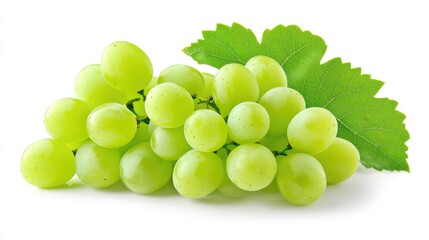 Obraz premium Fresh Green Grapes with Leaves Isolated on White Background for Healthy Food and Nutrition Concepts
