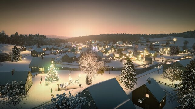 Snowy Christmas Town: An idyllic snow-covered town glows with the warmth of holiday lights and the anticipation of Christmas. The town's houses are adorned with festive decorations.