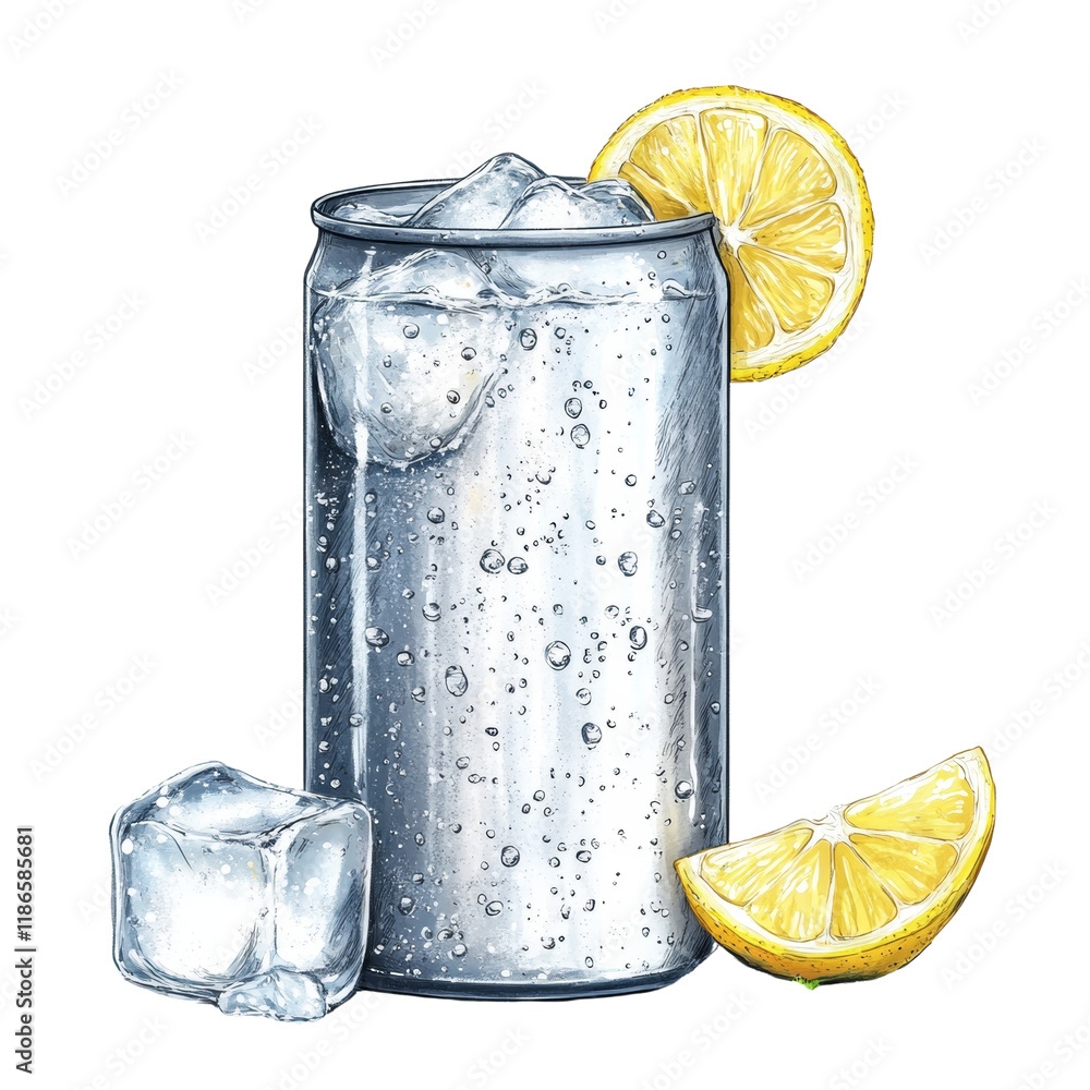 Poster a stylized illustration of a refreshing canned sparkling water beverage with lemon slices and ice cu