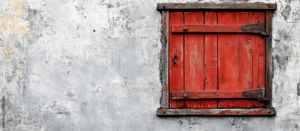Poster weathered red wooden window against a textured white concrete wall highlighting rustic architecture 
