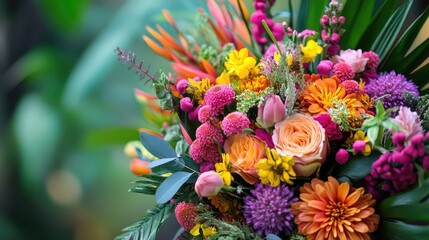 Obraz premium Colorful bouquet with diverse tropical flowers and wildflowers in a vibrant arrangement showcasing nature's beauty and floral diversity.