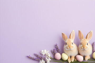 Two easter bunnies posing with lavender, jasmine flowers, and decorated eggs on purple background. 