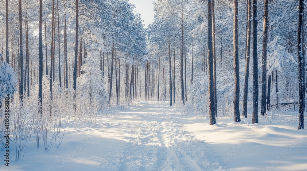 Poster winter forest path surrounded by snow-covered trees creating a serene and tranquil landscape for nat