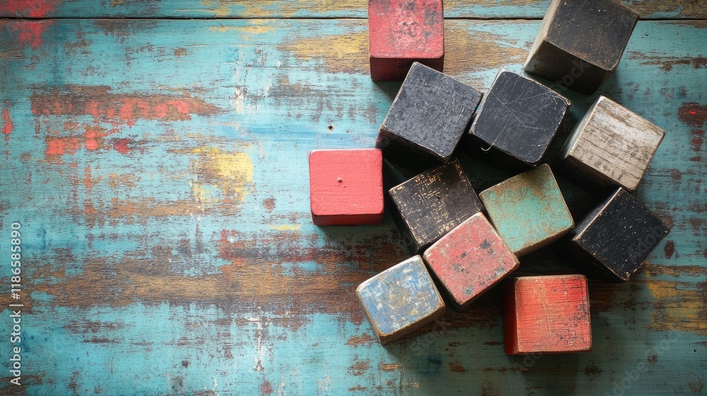 Poster vintage letterpress type blocks arranged on a rustic textured wooden background showcasing an artist