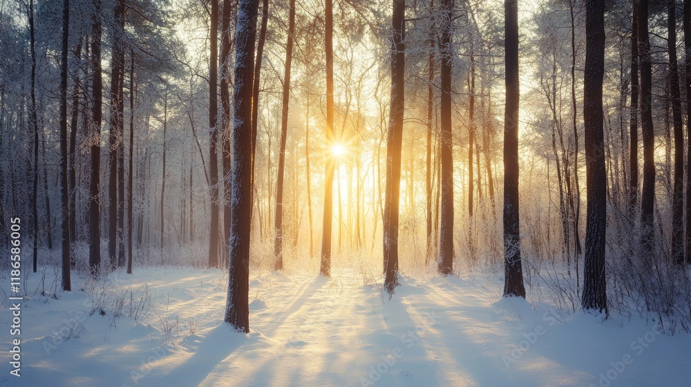 Poster serene winter landscape with sunlight filtering through frosted trees in a snowy forest setting