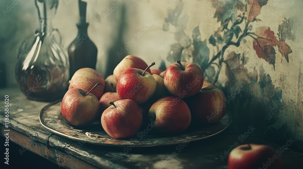 Poster vintage apples arranged on a decorative tray with a rustic table and classic floral backdrop in soft