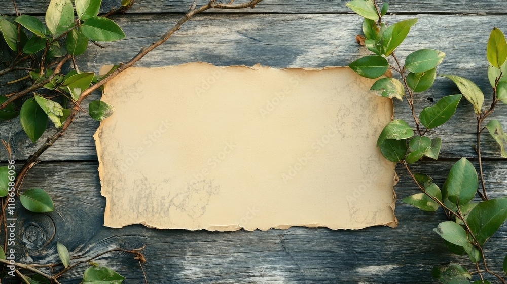 Aufkleber vintage paper and green twigs arranged on a rustic wooden wall creating a natural and earthy backgro