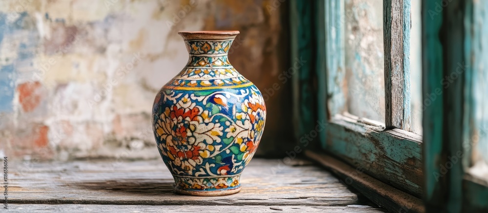 Aufkleber moroccan vase on rustic wooden window sill highlighting intricate craftsmanship and vibrant colors i