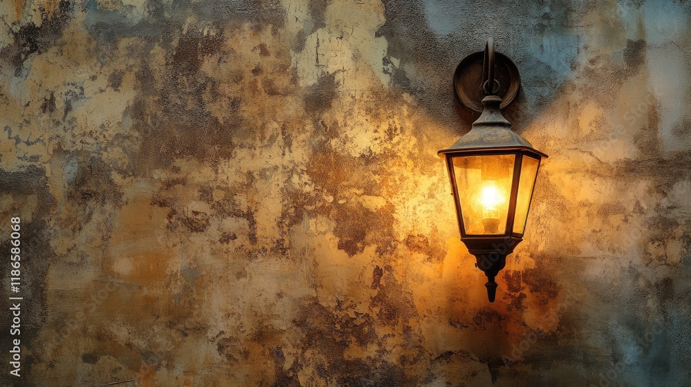 Poster rustic lamp illuminating textured antique wall creating a nostalgic retro atmosphere for interior de