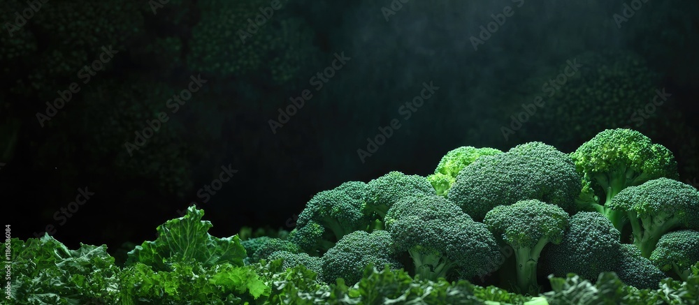 Poster fresh broccoli against a dark background with ample blank space for text and design elements for cre