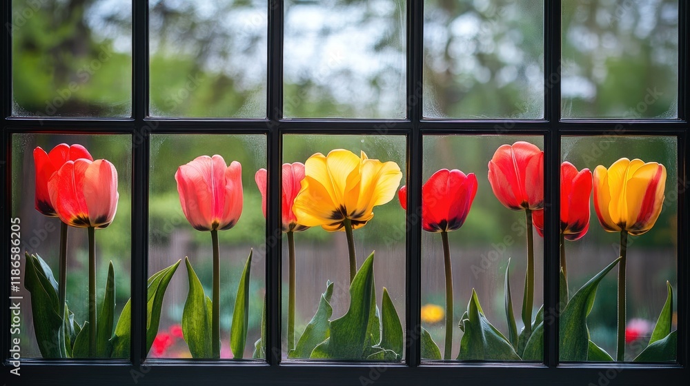 Poster vibrant tulips in various colors framed by window panes creating a cheerful springtime scene with na