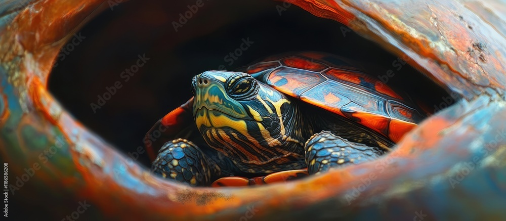 Aufkleber Vibrant Western painted turtle nestled in shell displaying intricate colors and patterns in a natural setting.