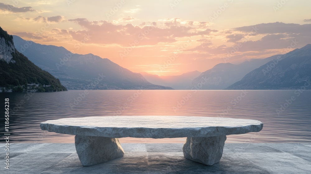 Poster serene white stone table overlooking panoramic mountain view at dusk with calm waters reflecting col