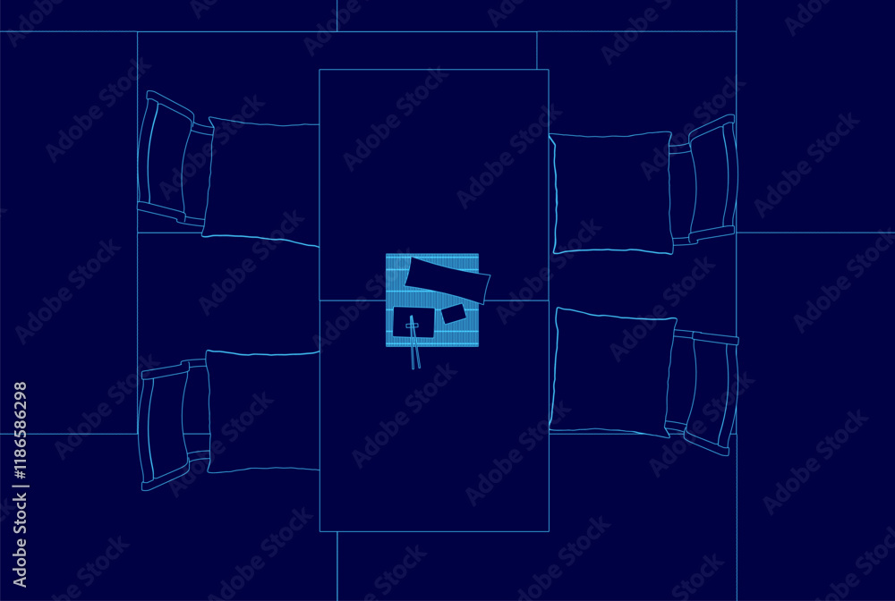 Poster blue image of a table with four chairs and a sign on it. the chairs are arranged in a row and the ta