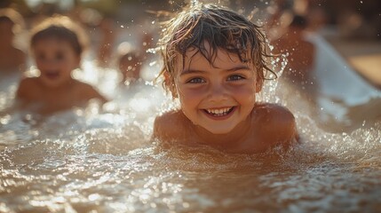 Obraz premium A young boy smiling as he swims in the water, great for summer or beach-themed projects