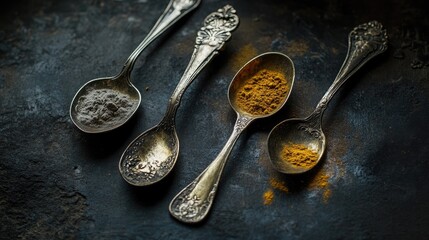Vintage silver spoons filled with powdered ginger and turmeric spices on a dark textured background