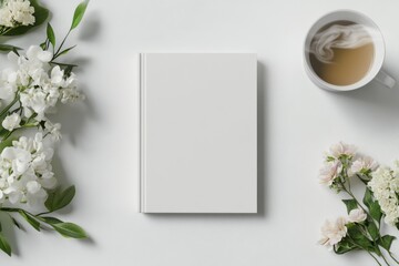 Book Cover Mockup with Tea and Flowers: A stylish mockup featuring a blank book cover on a clean background, accented with delicate white and pink flowers, a cup of tea, and green leaves.