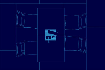 Blue image of a table with four chairs and a sign on it. The chairs are arranged in a row and the table is in the center