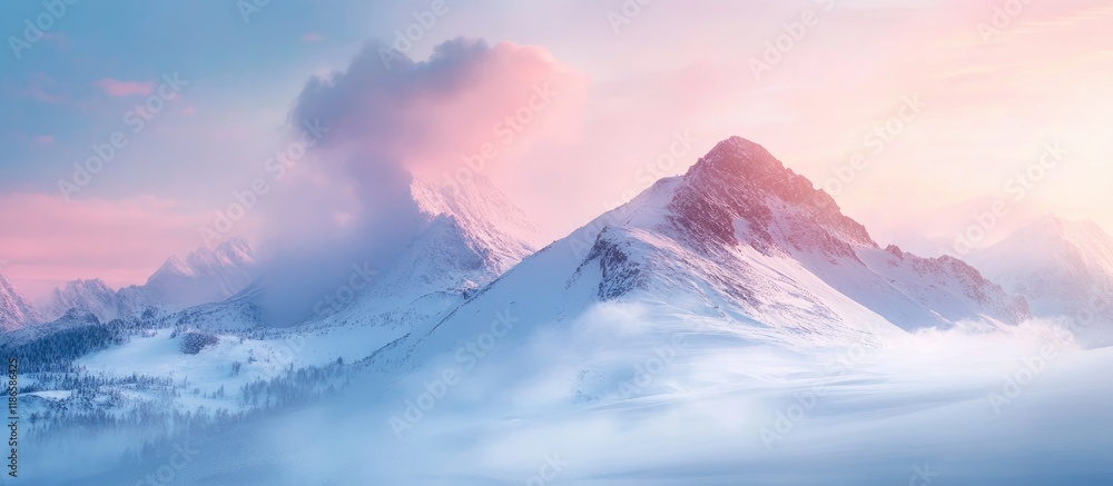 Aufkleber serene winter mountain view with soft snowfall and pastel evening sky for tranquil background usage