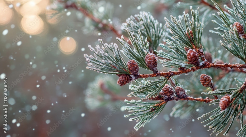 Poster winter morning fog in pine forest with first snow on conifer branches creating a serene and tranquil